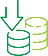 Downward arrow and coins icon